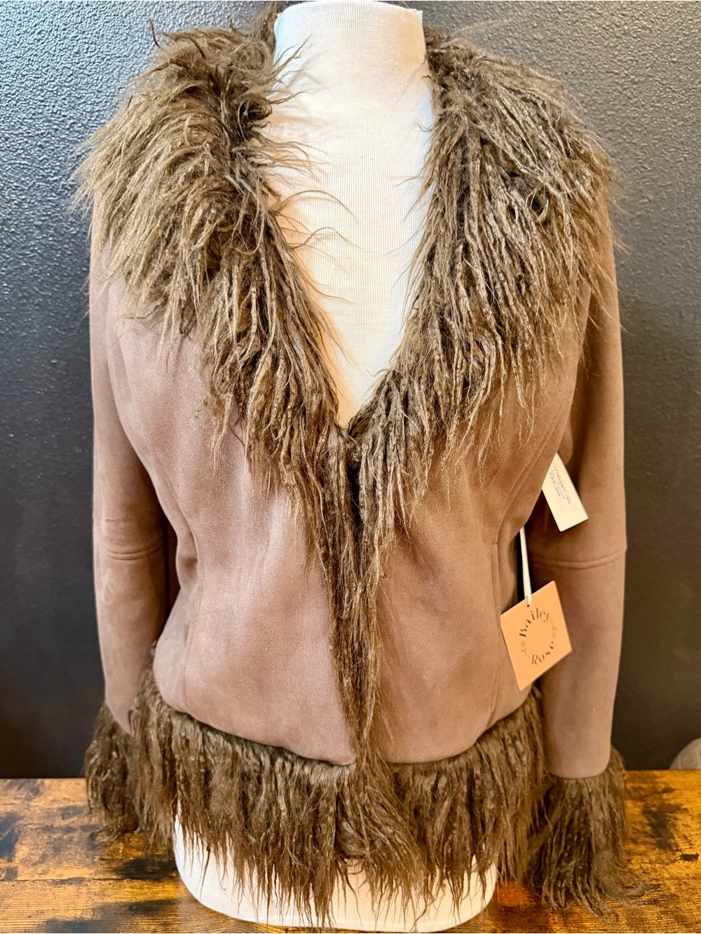 Bailey Rose Faux-Suede Brown Jacket with Faux-Fur Trim Sz: L